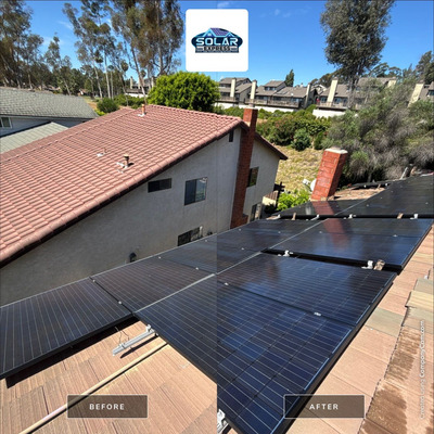 Before & after solar panel cleaning on a tile roof. The "after" side shows clean, gleaming solar panels, while the "before" side is visibly dirtier. Suburban homes and trees are visible in the background. Text: "Solar Upgrades.